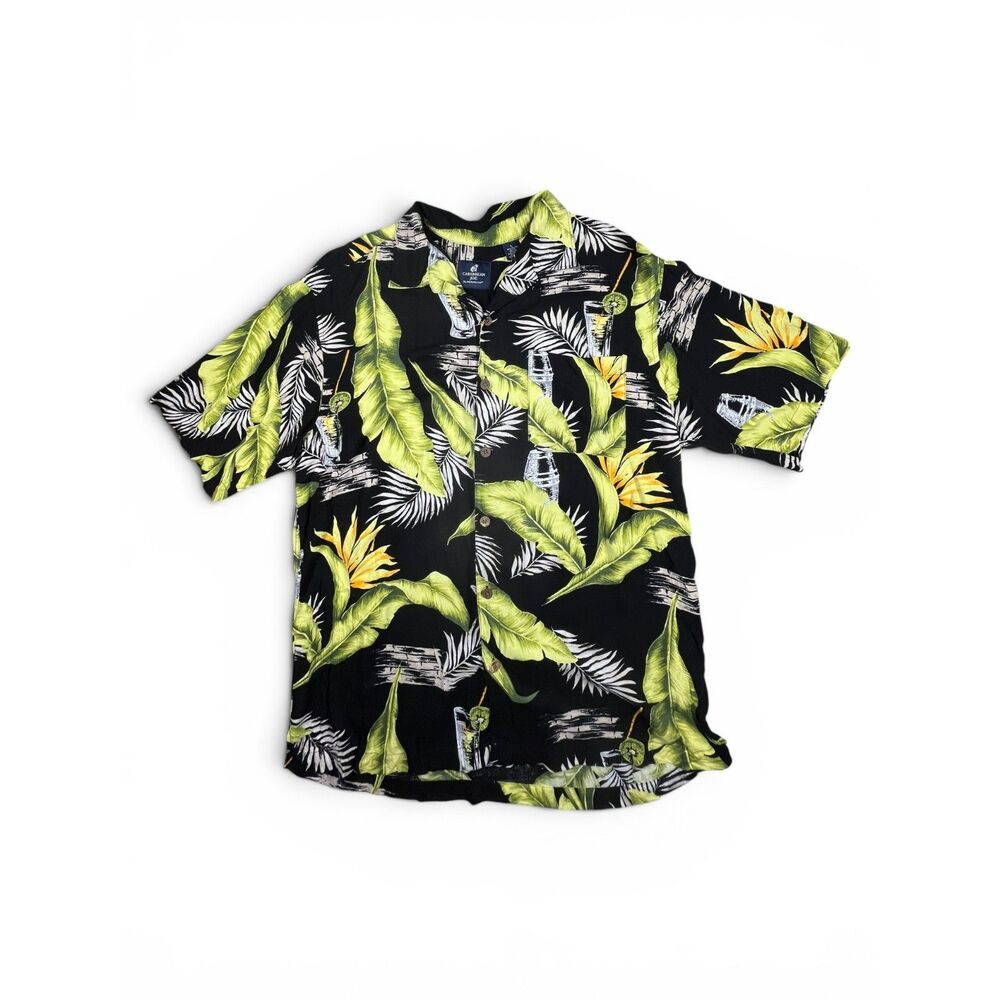 Caribbean Joe Hawaiian Camp Shirt Men’s Large Black Tropical Rayon Button Up